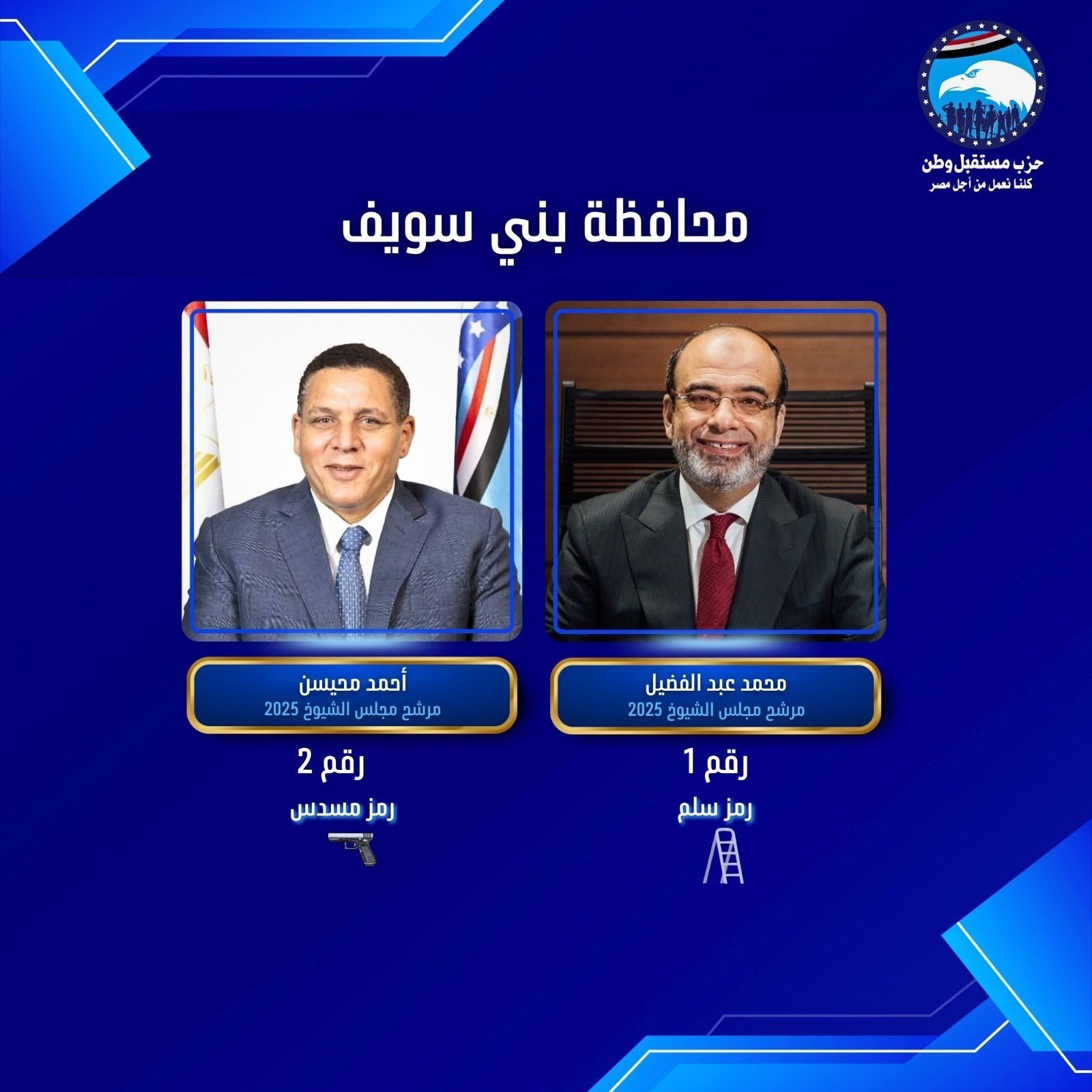 حزبا مستقبل وطن والجبهة الوطنية يحصلان على الـ 50%+1 للمقاعد الثلاثة فردى ببنى سويف بانتخابات الشيوخ - الخليج الان