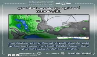 الأرصاد يتوقع تأثر العاصمة عدن بأمطار رعدية خلال الـ48 ساعة القادمة