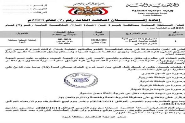 إعادة إعلان مناقصة مشروع بناء مبنى كلية الطب البشري جامعة شبوة